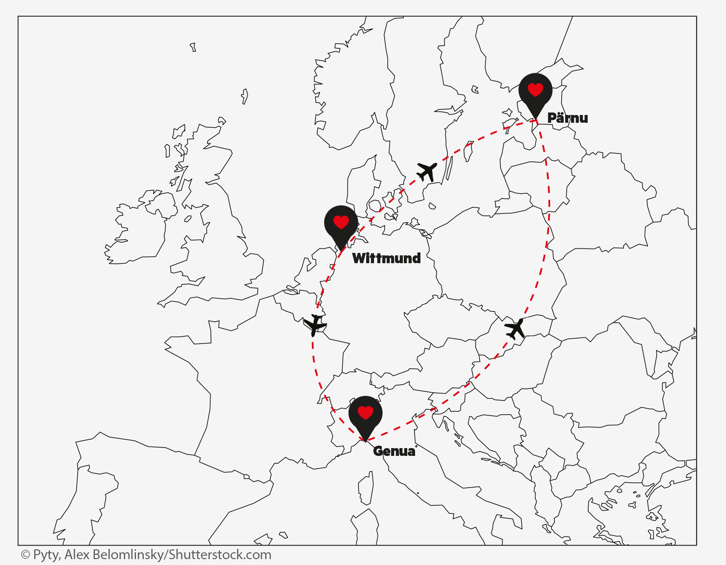 Karte mit Flugverbindungen zwischen Genua, Pärnu und Wittmund