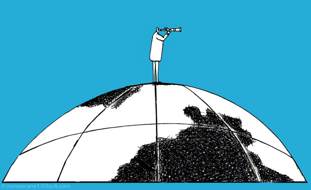 Illustration: Figur auf einer Weltkugel