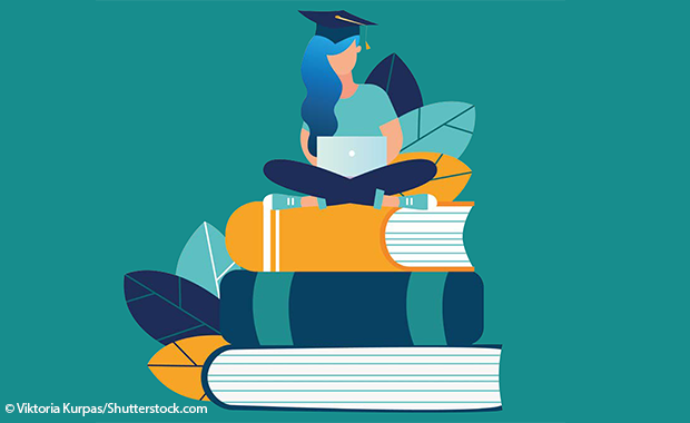 Illustration: Figur sitzt auf einem Buch und liest
