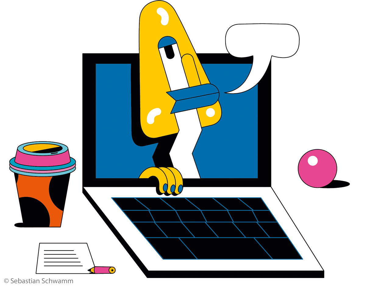 Illustration: Laptop mit kleiner gelber Figur drin