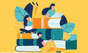 Illustration: Lesende Figuren sitzen auf Büchern