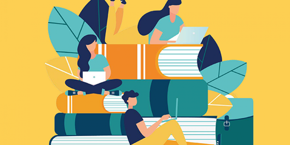 Illustration: Lesende Figuren sitzen auf Büchern