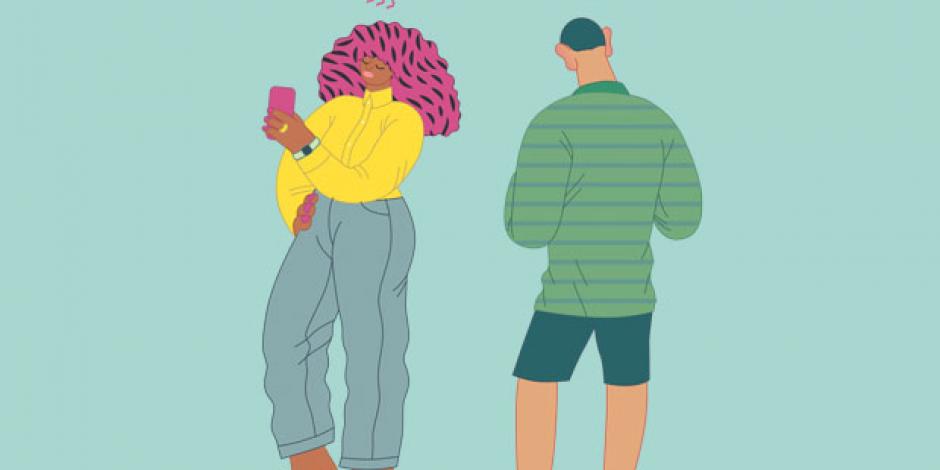 Illustration: Zwei Figuren mit Smartphones
