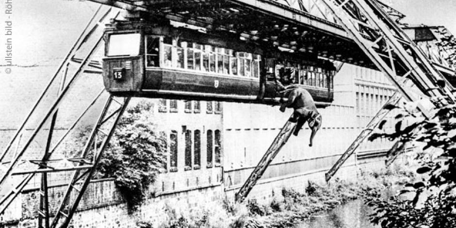 Elefant springt aus einer Schwebebahn