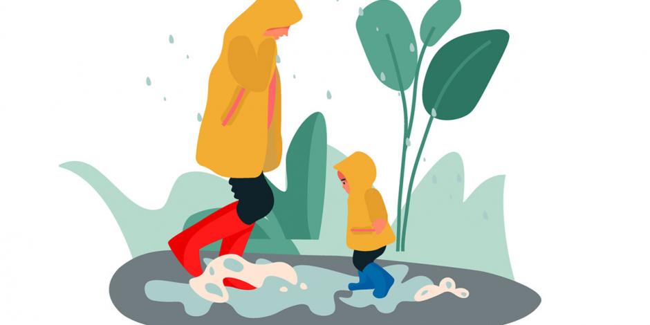 Illustration: Mutter und Kind spielen im Regen