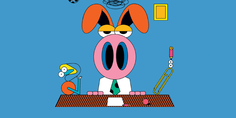 Illustration: Schwein am Schreibtisch