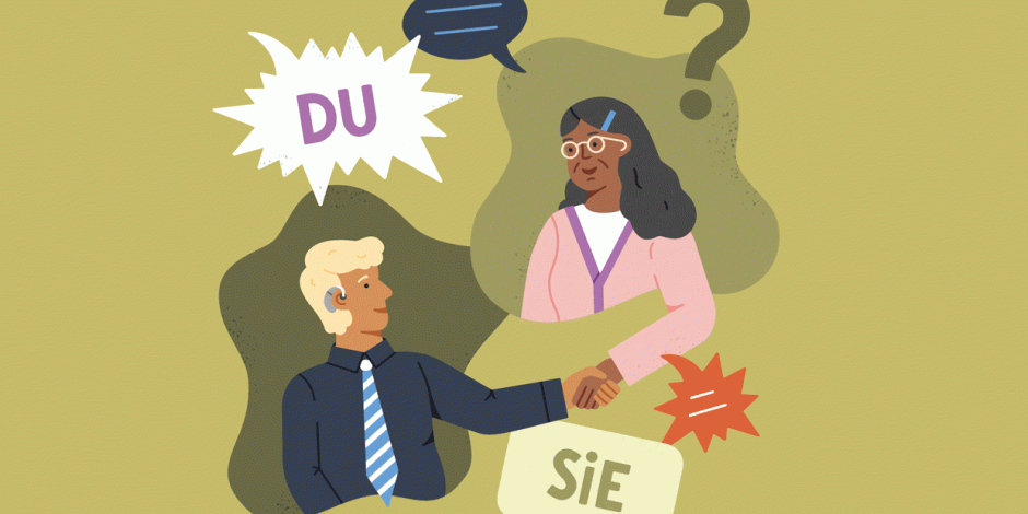 Illustration mit Sprechblasen "du" oder Sie"