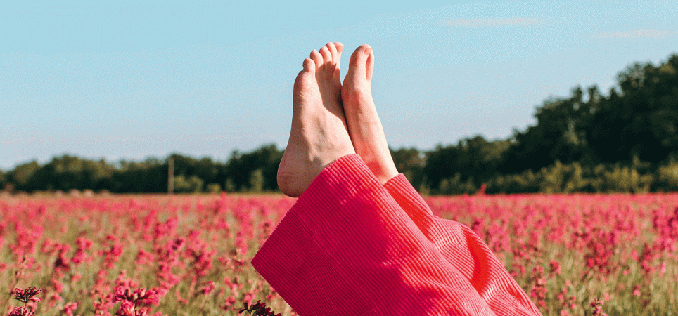 Nackte Frauenfüße vor Blumenfeld