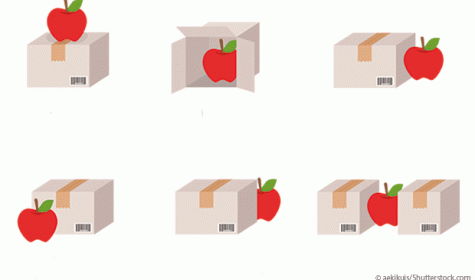 Symbolbild Präpositionen: Apfel in / auf / neben einer Kiste