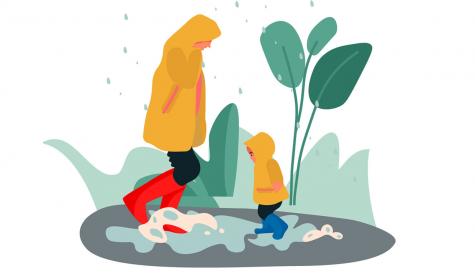 Illustration: Mutter und Kind spielen im Regen