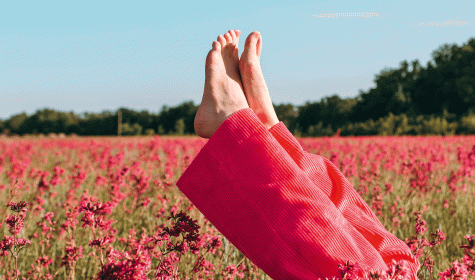 Nackte Frauenfüße vor Blumenfeld